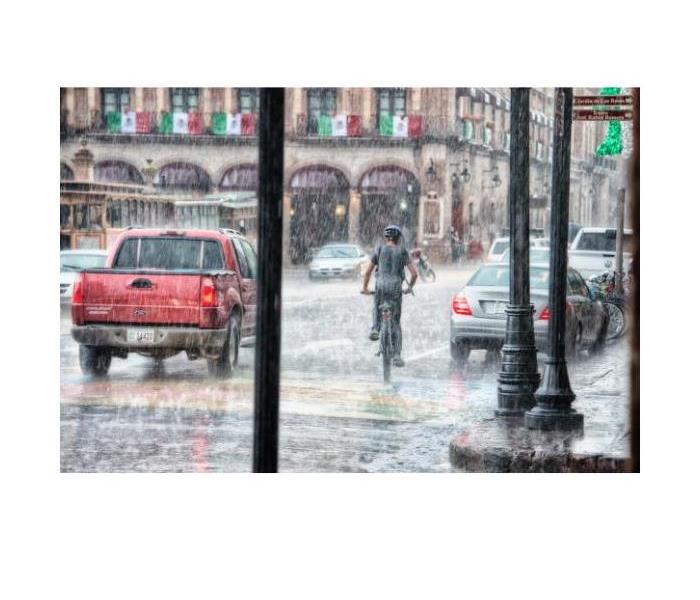 raining on a city street